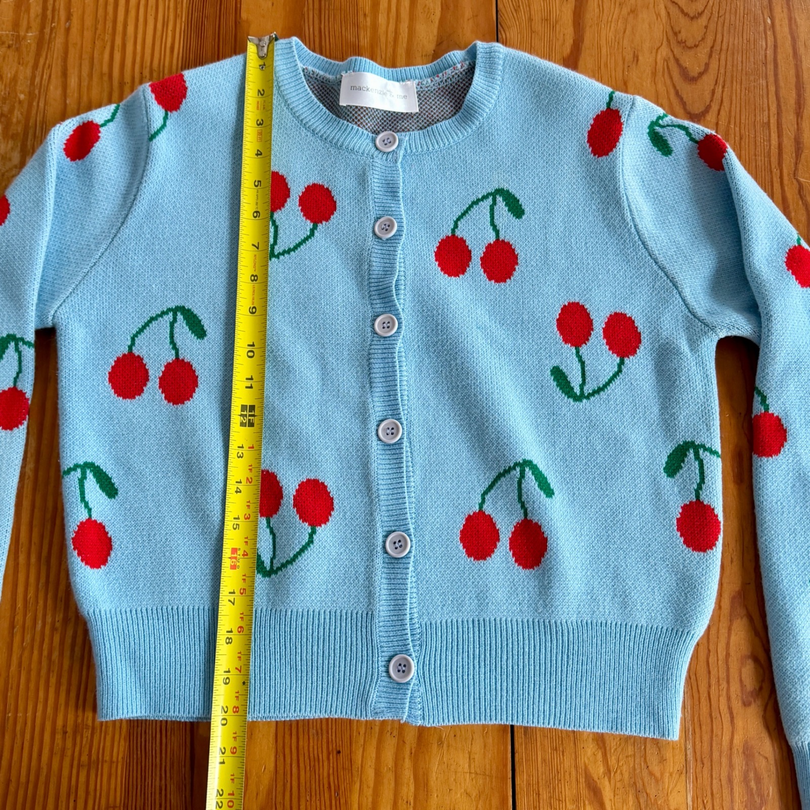 Cherry Print Mackenzie & Me Blue Knit Button Front Cardigan — image 2 of 7